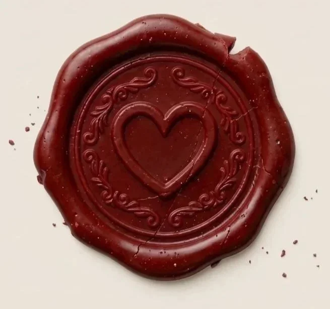 Red wax seal embossed with a heart and ornate floral border