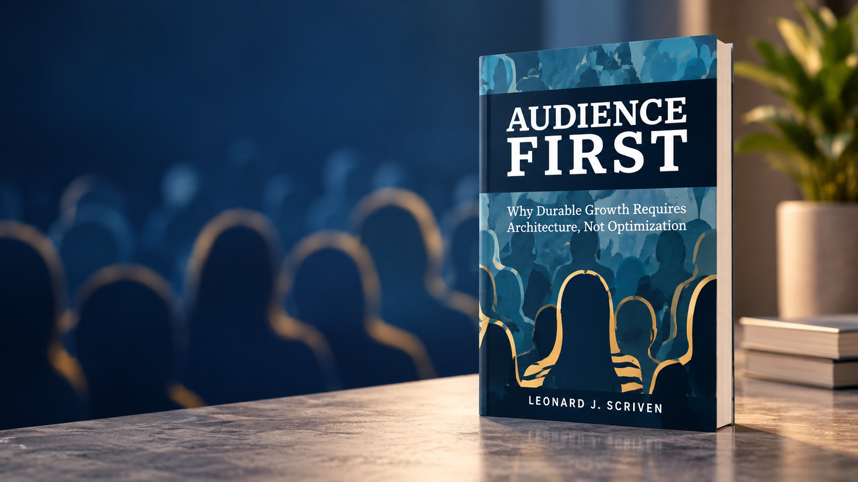 Book titled “Audience First: Why Durable Growth Requires Architecture, Not Optimization” by Leonard J. Scriven on a table with a blurred audience background.