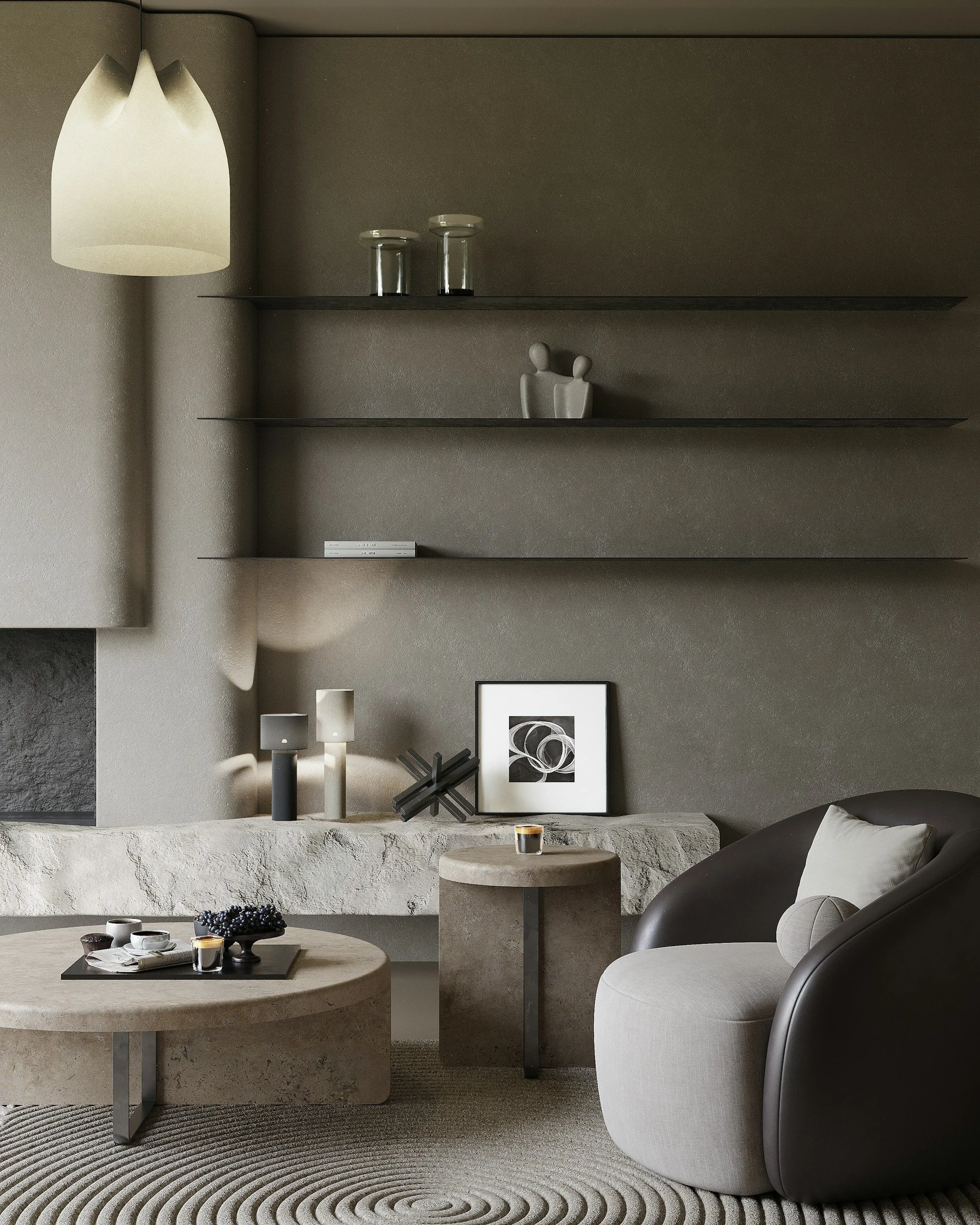 Modern minimalist living room with floating shelves, sculptural decor, coffee tables, lamps, and a curved sofa