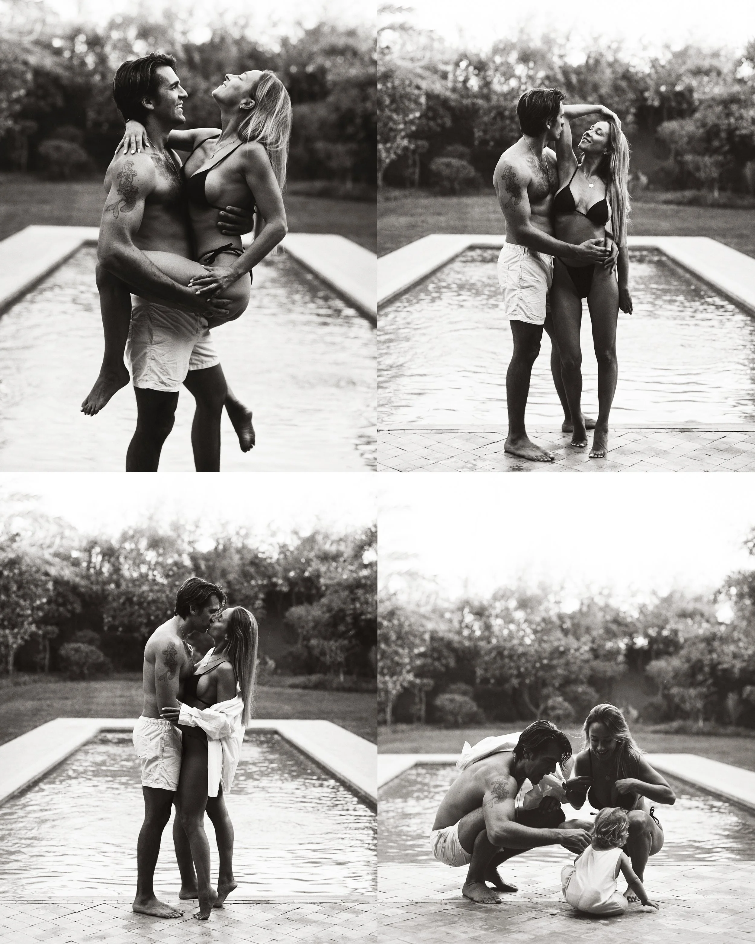 Collage en noir et blanc d’un couple s’amusant et s’embrassant au bord d’une piscine, avec un enfant dans une scène.