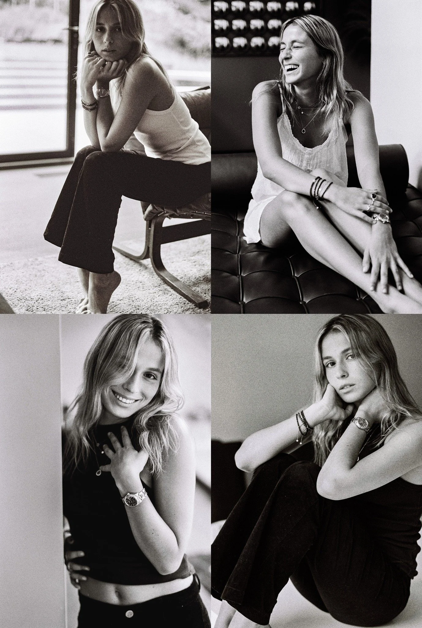 Collage en noir et blanc de quatre portraits d’une femme blonde portant des tenues élégantes, assise ou posant en intérieur.