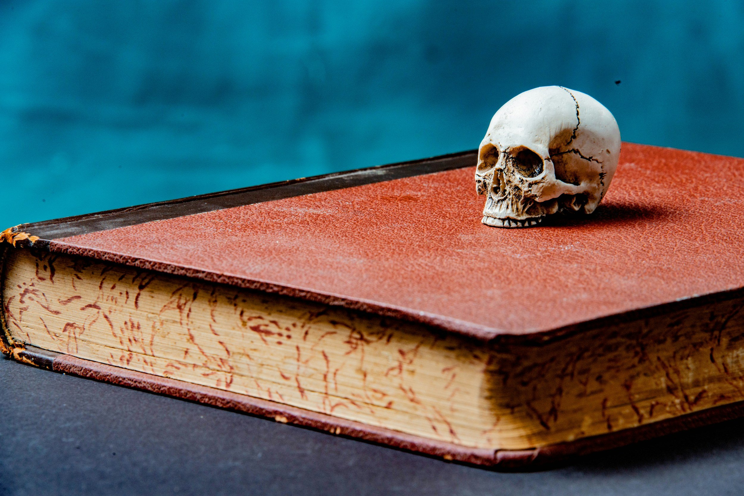 Cracked human skull resting on an old red leather-bound book against a blue background