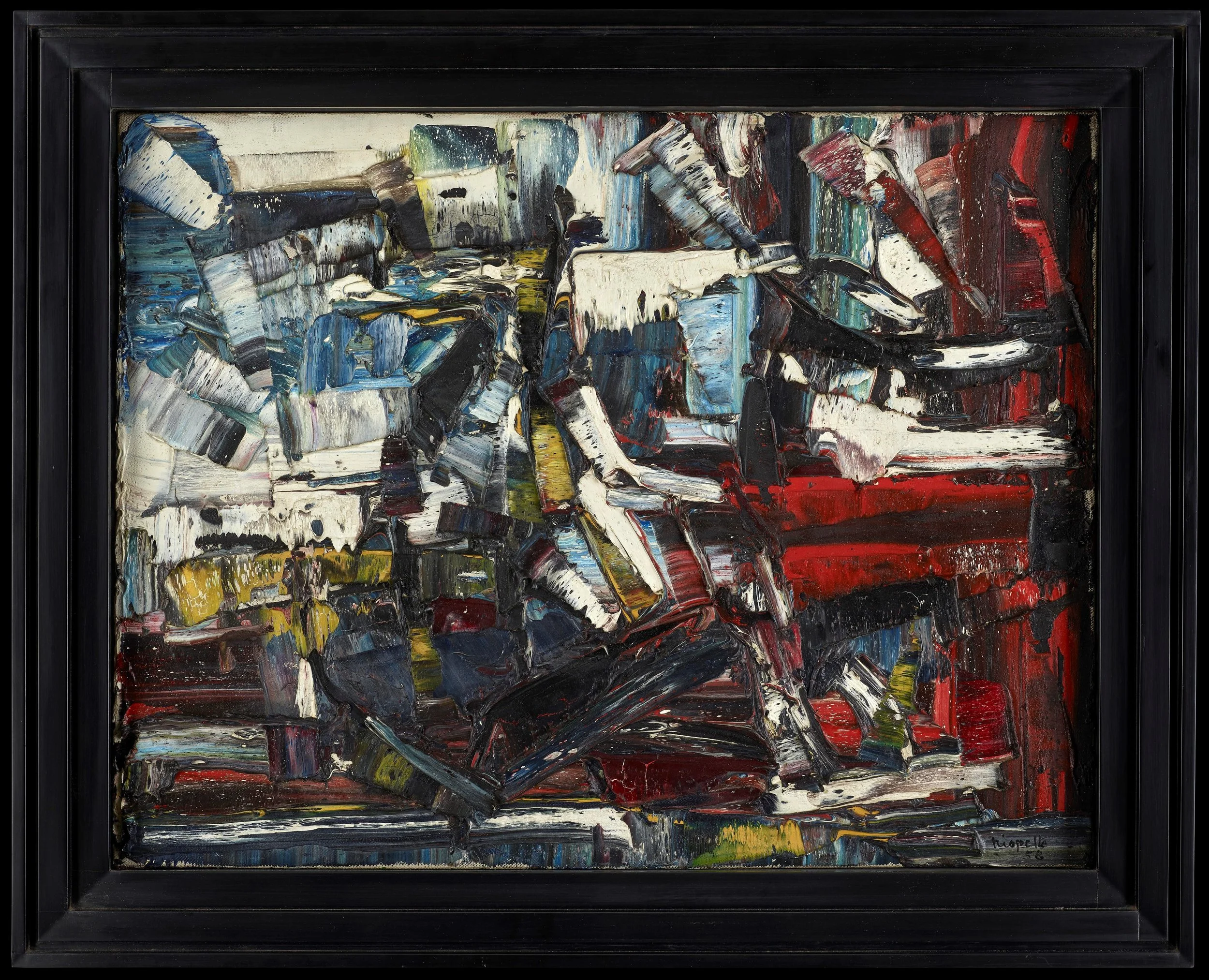Framed abstract impasto painting with thick textured strokes in red, white, blue, black, and yellow by Jean-Paul Riopelle