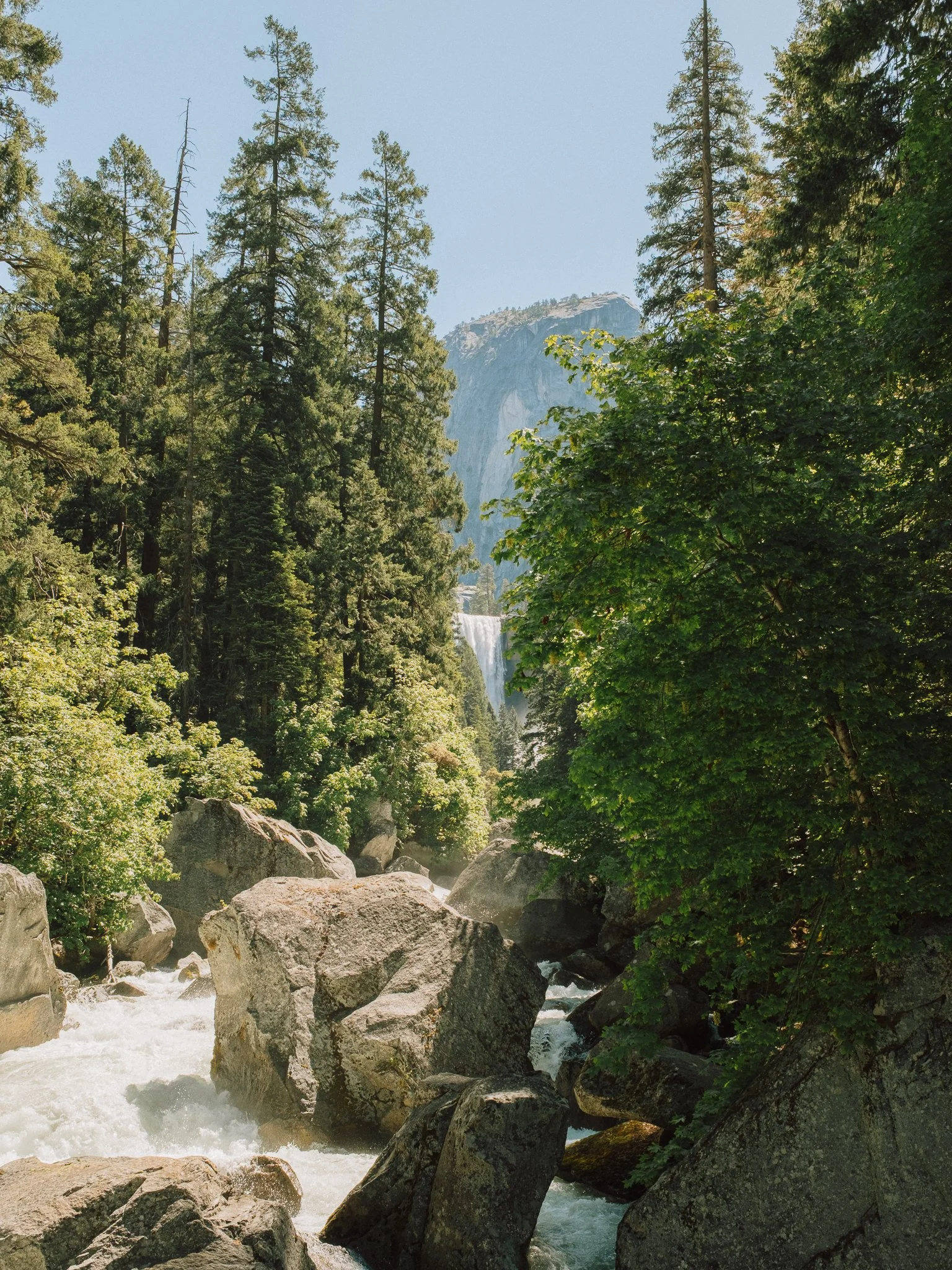 Forest waterfall cascading over boulders beneath a granite mountain in Yosemite National Park