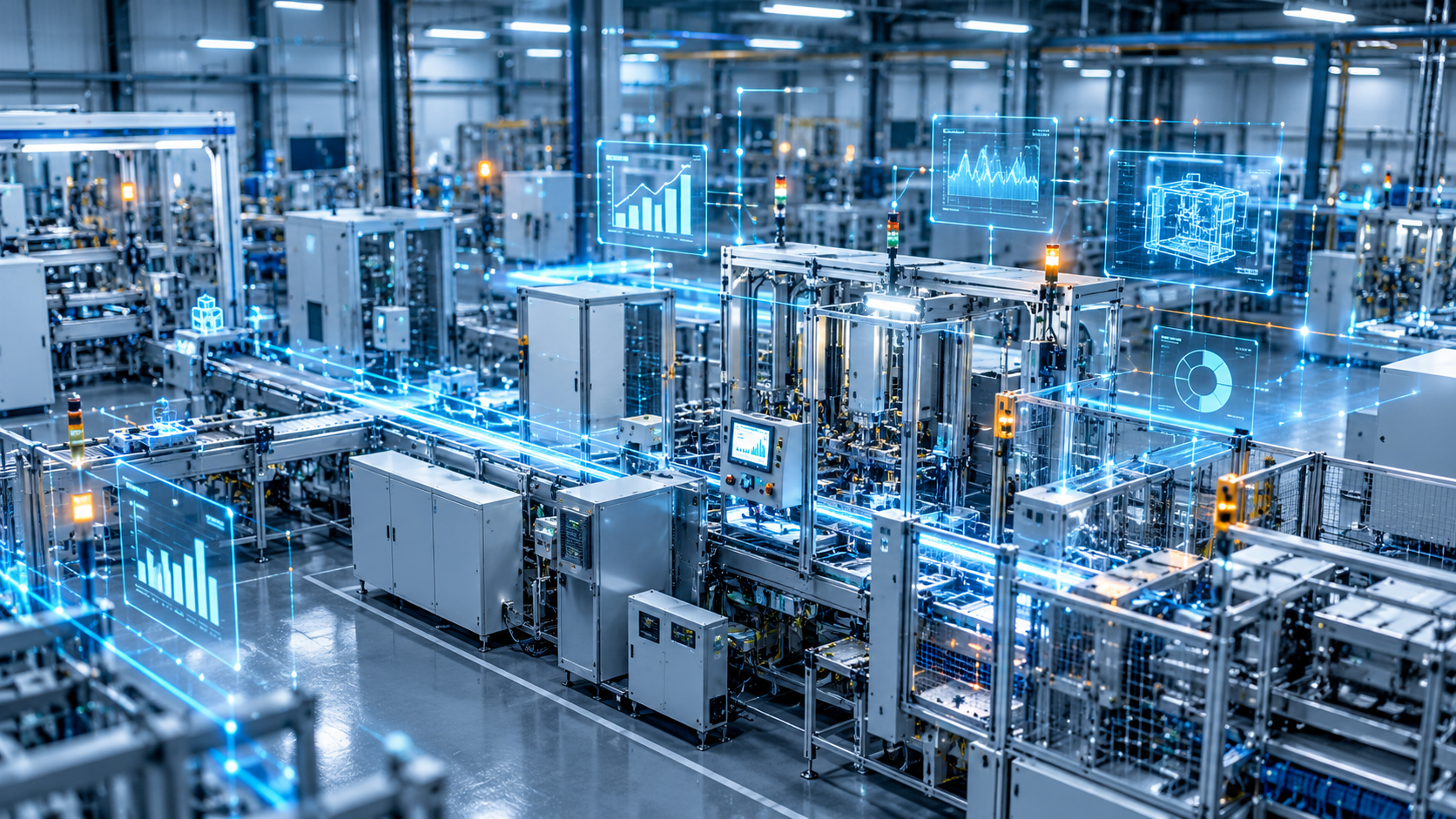 Automated industrial production line with manufacturing machinery, control systems and digital monitoring displays.