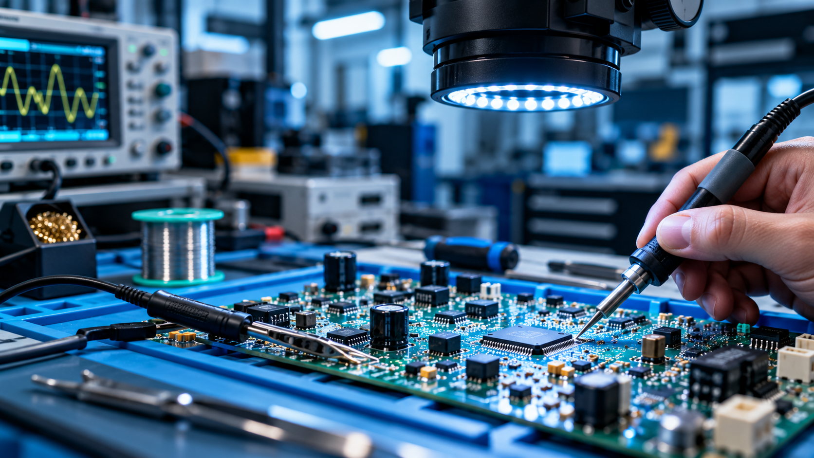 Engineer repairing an industrial electronic circuit board using precision soldering equipment at a workshop bench.