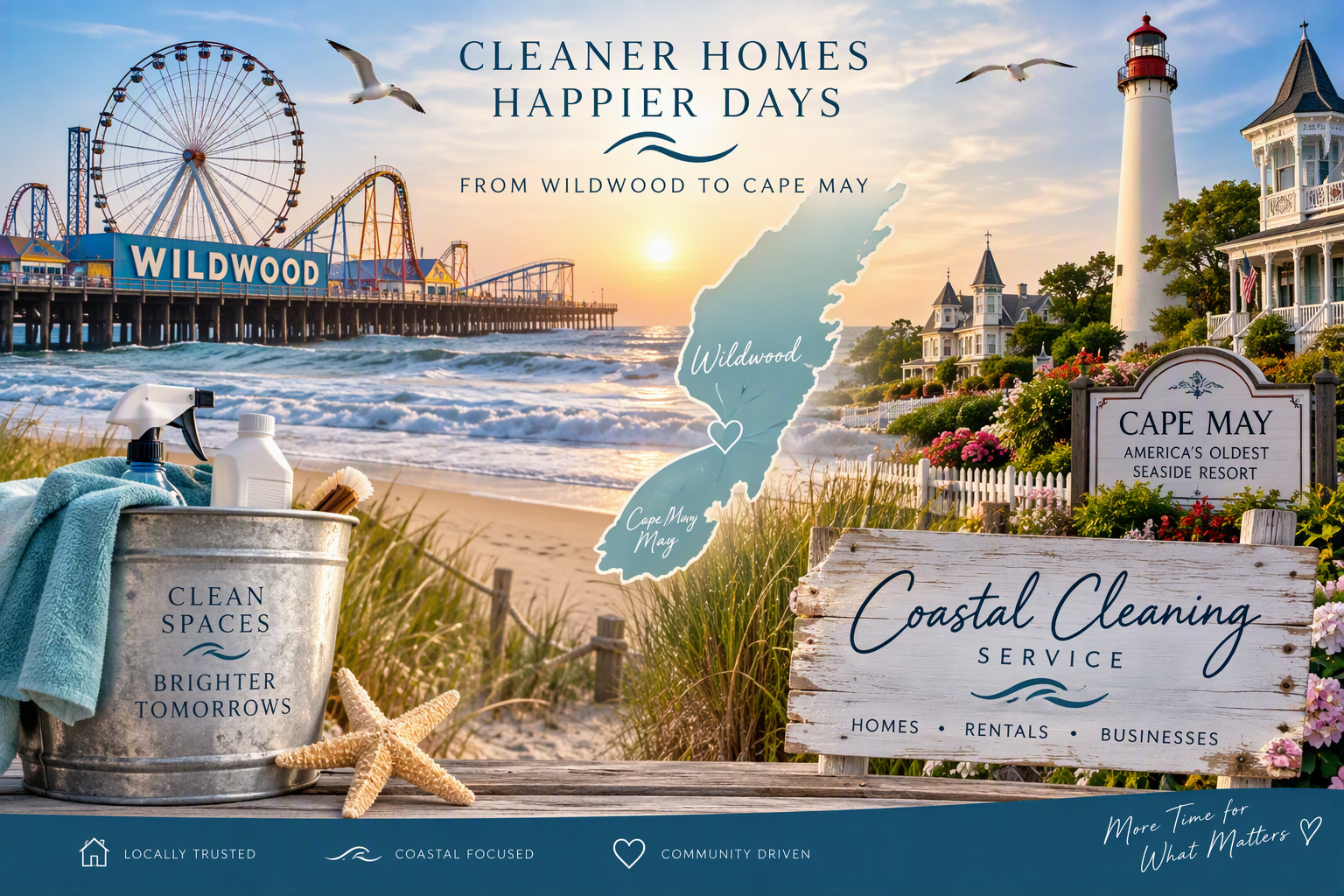 Coastal cleaning service advertisement featuring Wildwood boardwalk, Cape May lighthouse, beach, cleaning supplies, and text promoting homes, rentals, and businesses.