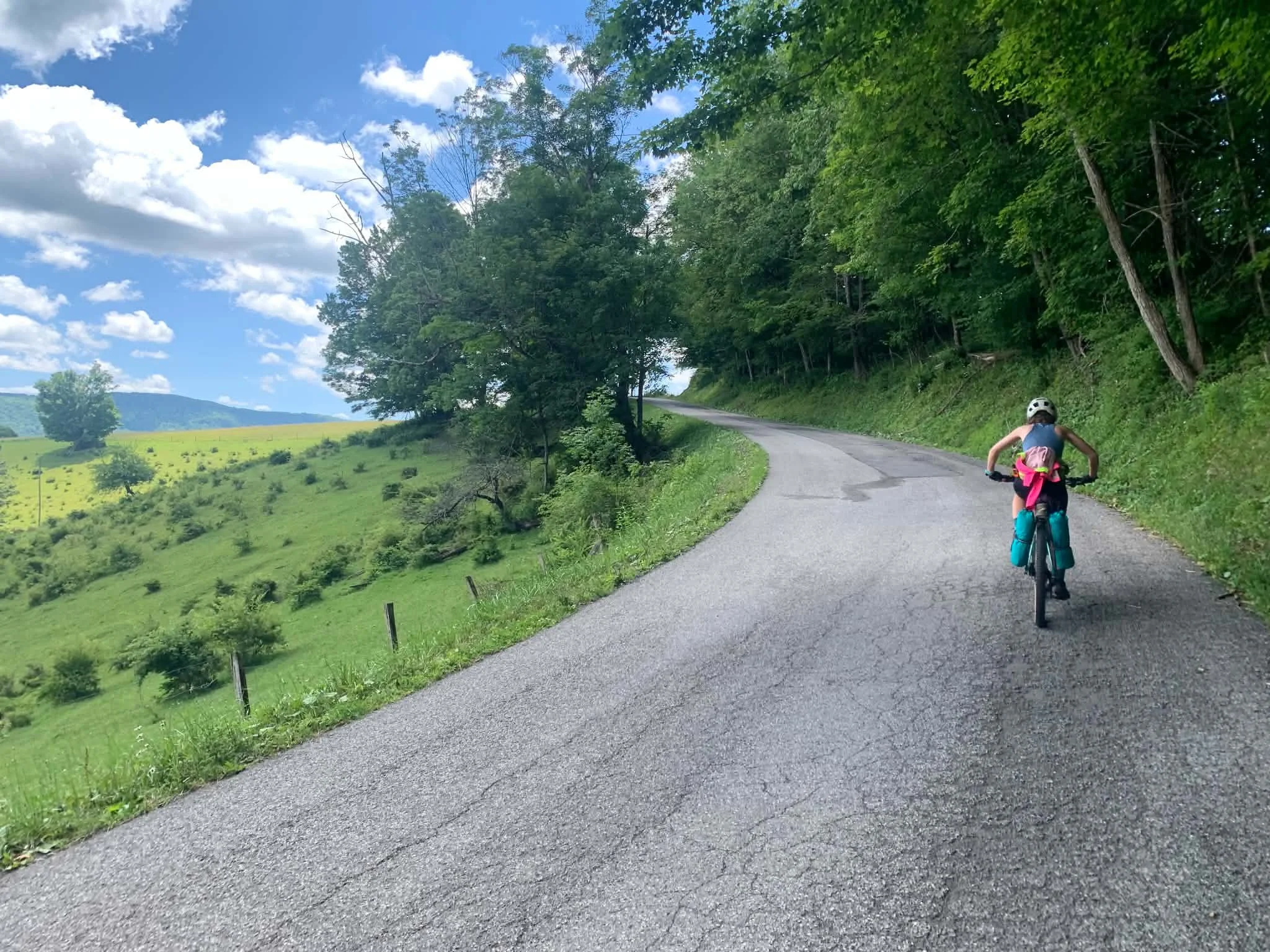 Cyclist riding a loaded touring bicycle with a full custom bike bag set on a winding country road beside green fields and forested hills