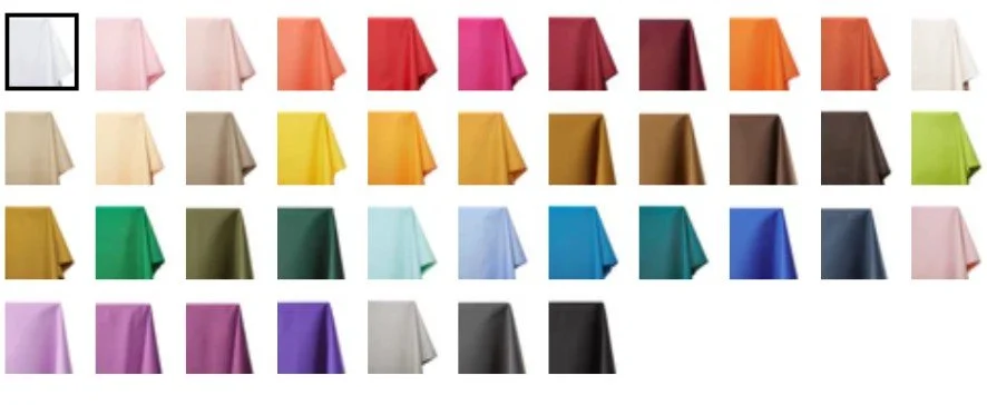 Color swatch chart displaying assorted fabric samples in white, pink, red, orange, yellow, brown, green, blue, purple, gray, and black
