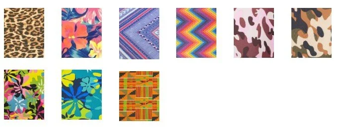 Collage of nine colorful fabric patterns, including leopard print, floral designs, geometric stripes, chevron zigzags, camouflage, and abstract patchwork.