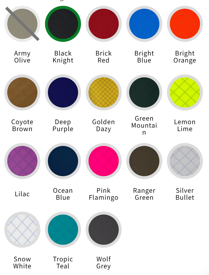Color swatch chart showing Army Olive, Black Knight, Brick Red, Bright Blue, Bright Orange, Coyote Brown, Deep Purple, Golden Dazy, Green Mountain, Lemon Lime, Lilac, Ocean Blue, Pink Flamingo, Ranger Green, Silver Bullet, Snow White, Tropic Teal, and Wolf Grey.