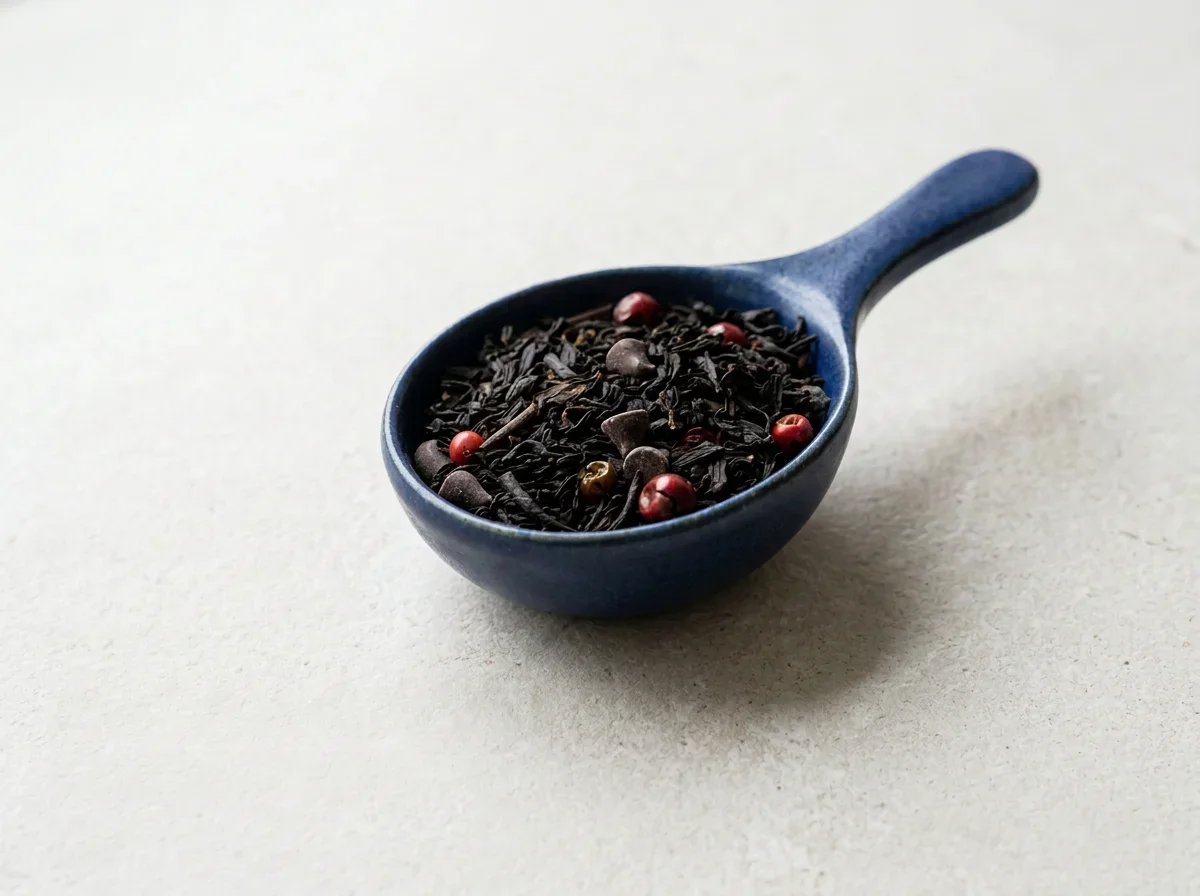 Blue spoon-shaped bowl filled with loose black tea leaves, red peppercorns, and chocolate chips