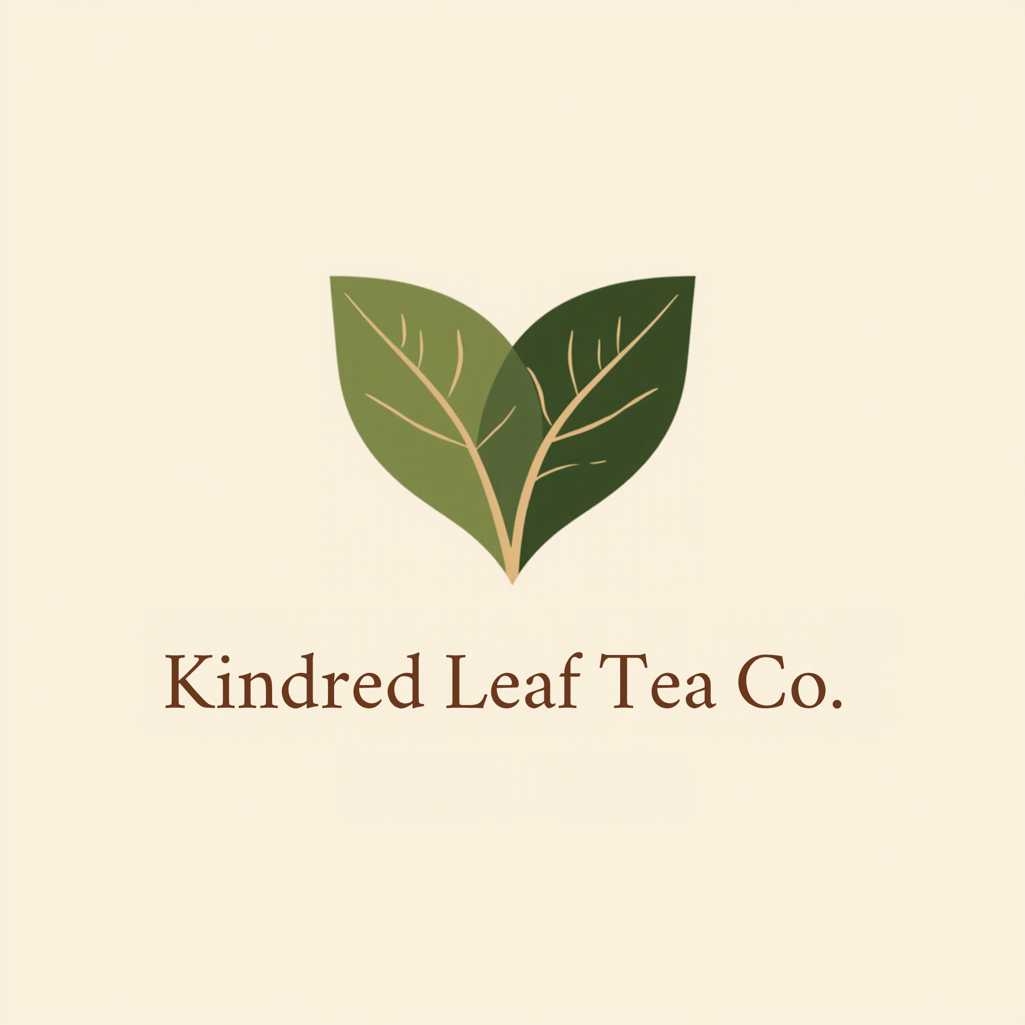 Kindred Leaf Tea Co. logo featuring two green leaves on a cream background