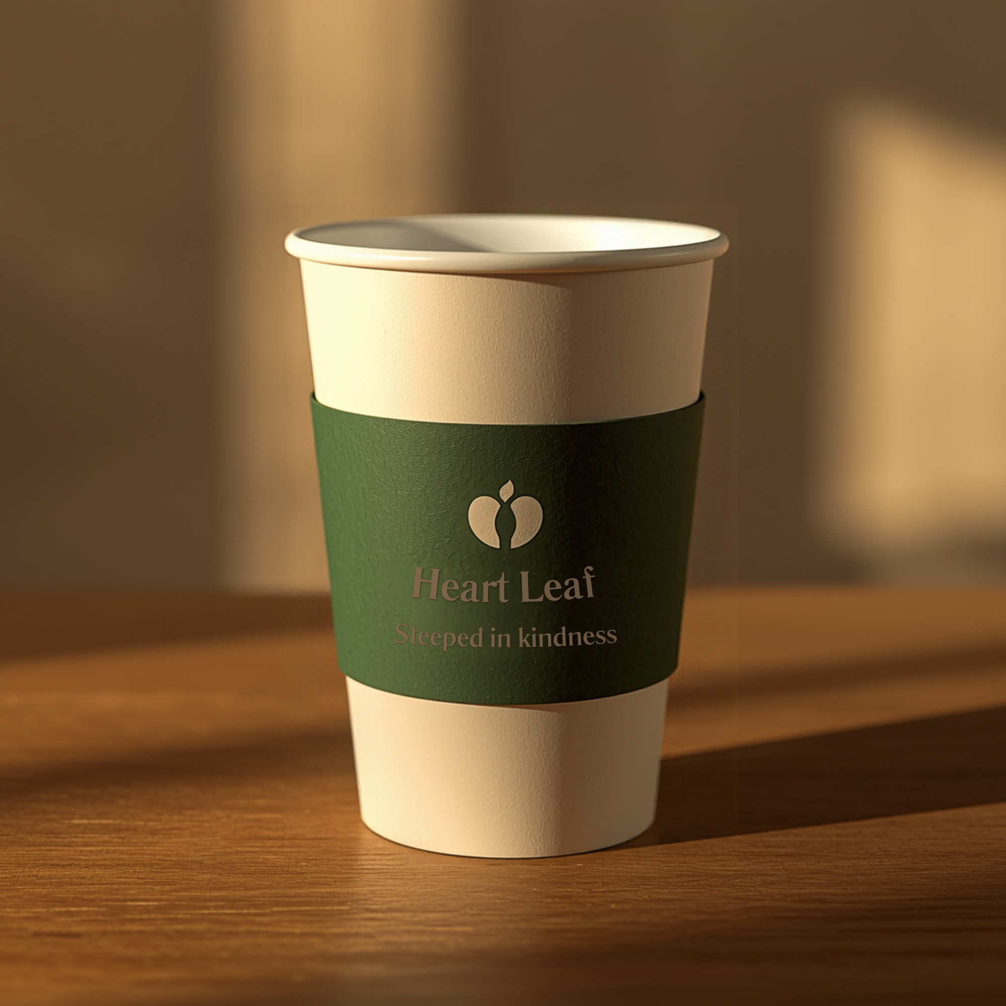 Green and white Heart Leaf paper cup labeled “Steeped in kindness” on a wooden table.