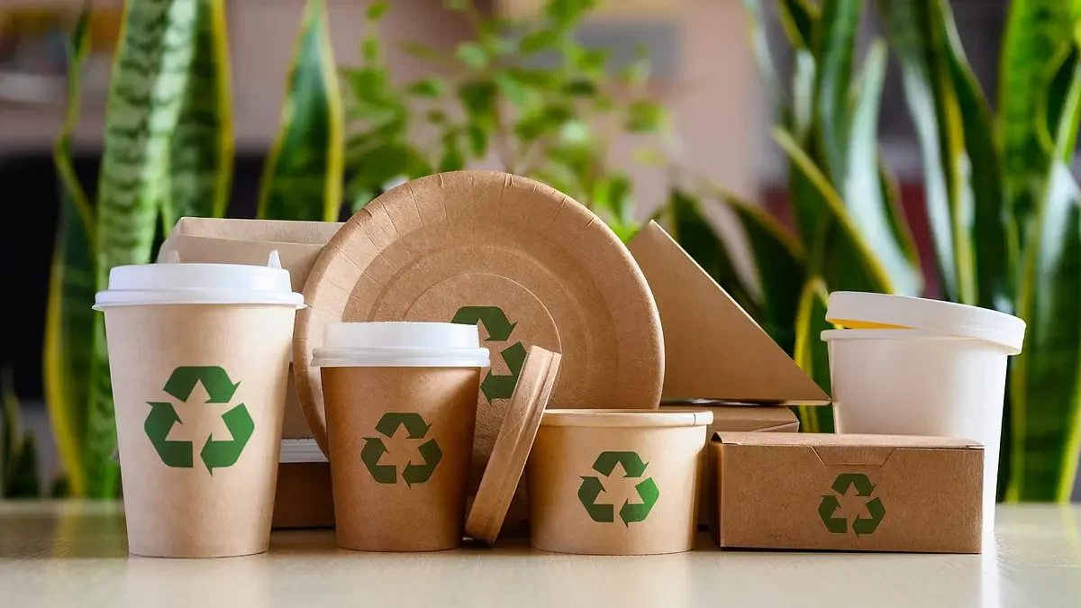 Assortment of recyclable paper cups, plates, bowls, takeout boxes, and utensils with green recycling symbols