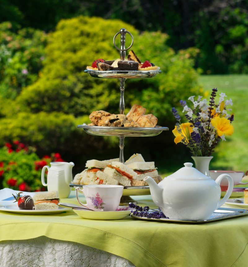 Elegant outdoor afternoon tea with a tiered stand of cakes, scones, and sandwiches, white teapot, teacup, and flowers