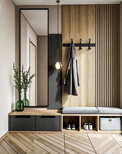 Recibidor moderno con espejo vertical, banco de madera, perchero negro, abrigos, plantas en botellas verdes y almacenamiento para zapatos.