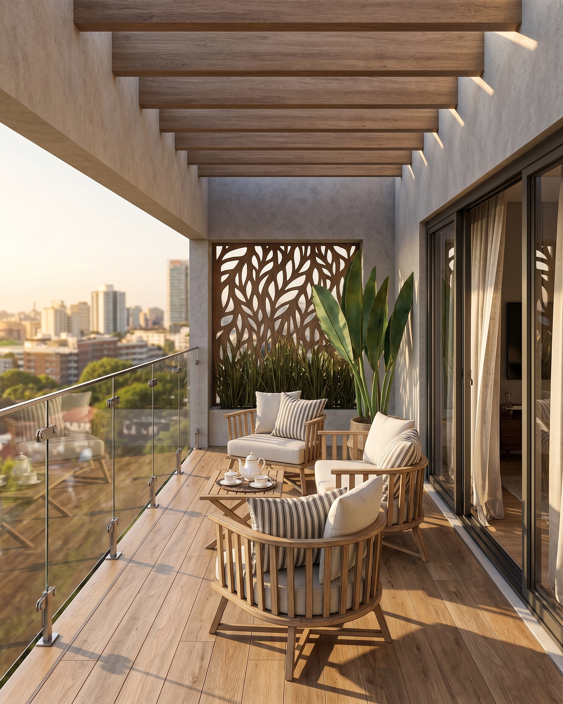 Balcón moderno con muebles de madera, plantas tropicales, barandal de vidrio y vista urbana.