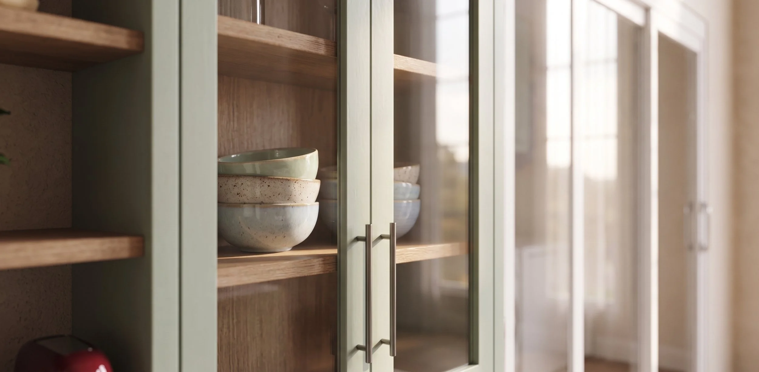 Vitrina con puertas de vidrio y tazones de cerámica apilados en estantes de madera, iluminada por luz natural.