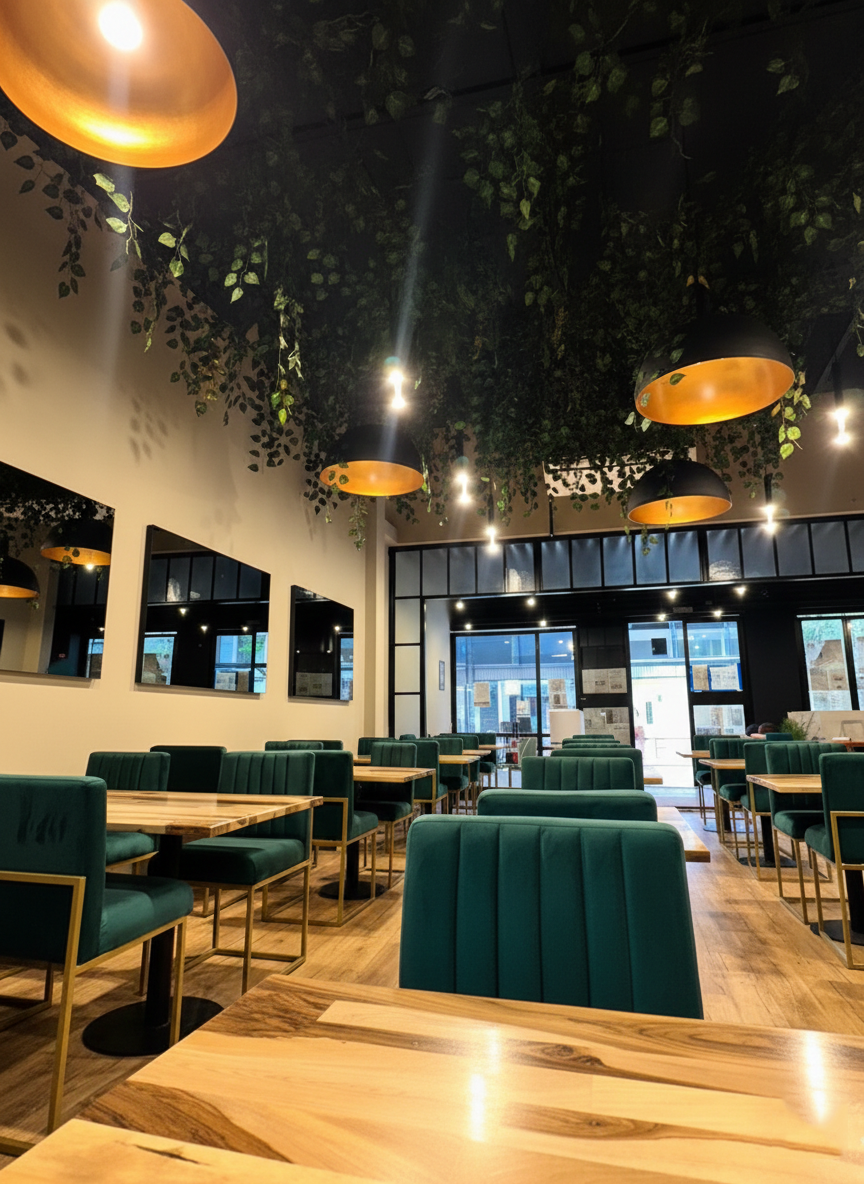 Interior de una cafetería moderna con mesas de madera, sillones verdes, lámparas colgantes y plantas decorativas en el techo.