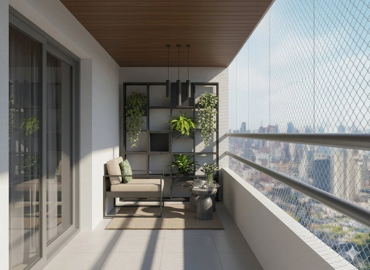 Balcón moderno con sillón, mesa auxiliar, plantas colgantes y vista panorámica de la ciudad.