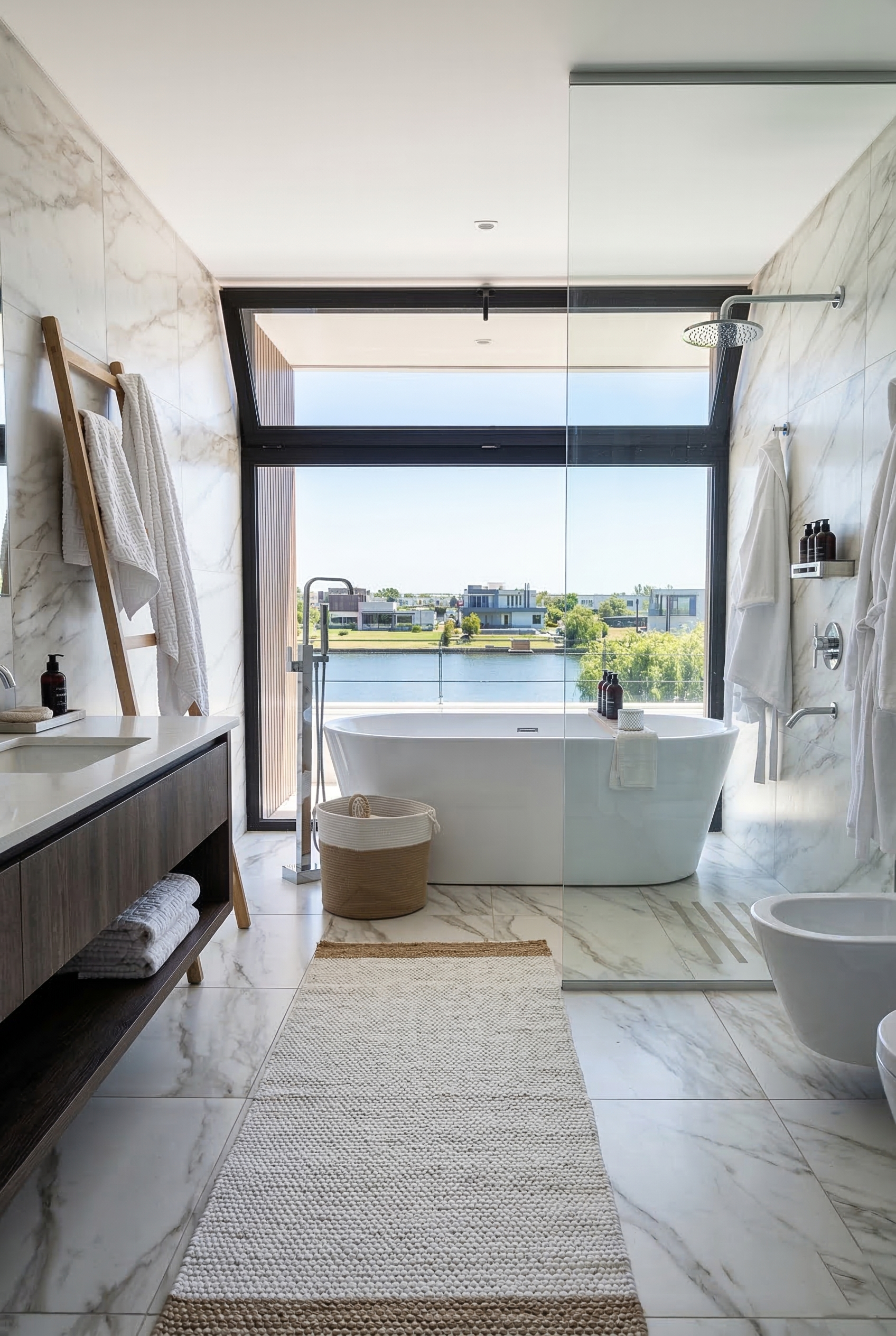 Baño moderno con bañera independiente, ducha de vidrio, azulejos tipo mármol y vista al canal.