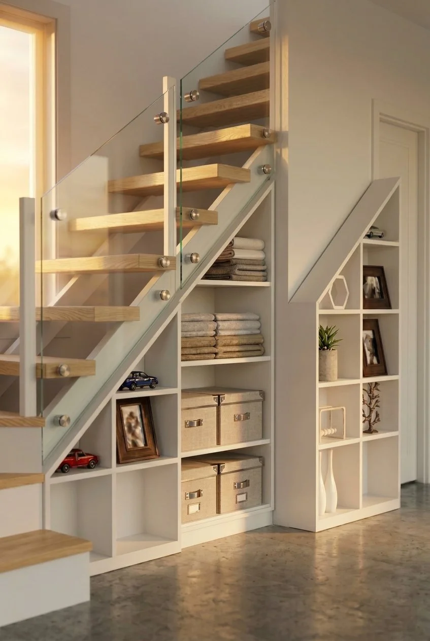 Escalera flotante de madera con barandales de vidrio y estanterías integradas para almacenamiento y decoración.