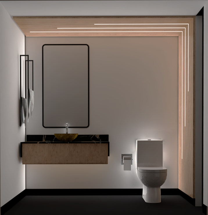 Baño moderno con lavabo flotante, espejo rectangular, inodoro suspendido e iluminación LED decorativa.