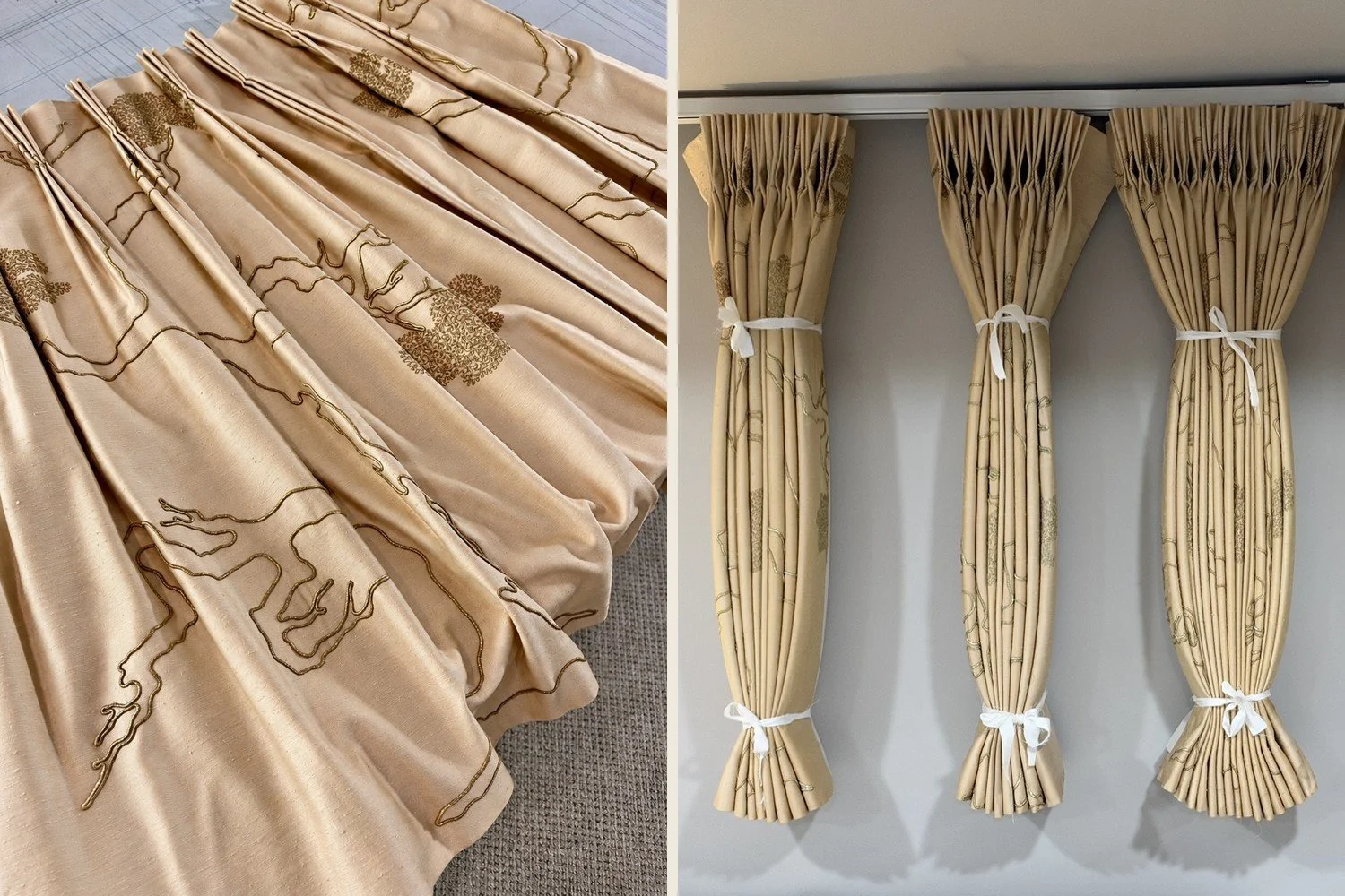 Gold drapery fabric with embroidered trees pleated on the drapery table, and the same panels tied with white ribbon on a track