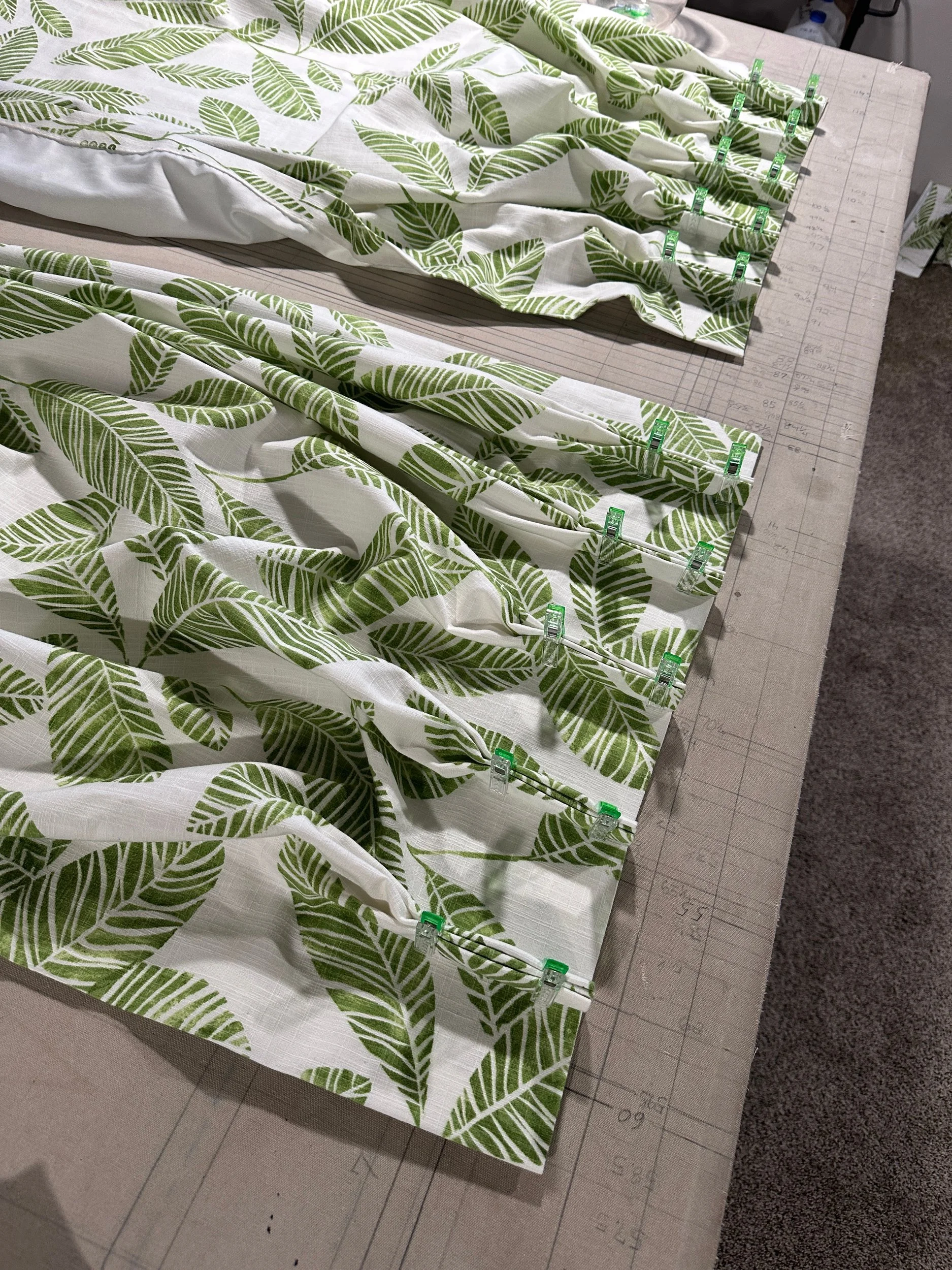Leaf print panels, pleated and clipped by hand.