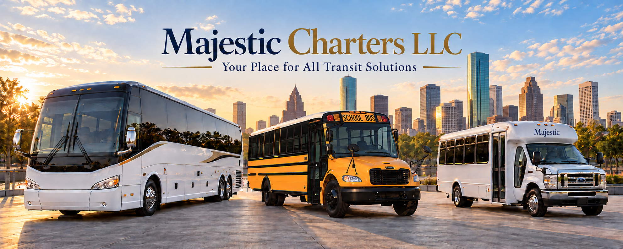 Majestic Charters LLC transit fleet featuring a coach bus, school bus, shuttle bus, and city skyline