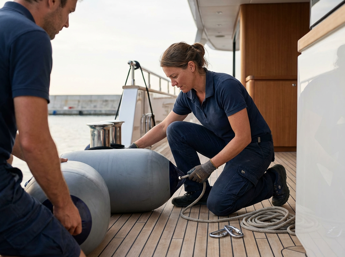 Two crew members securing an inflatable dinghy with rope on a yacht deck.