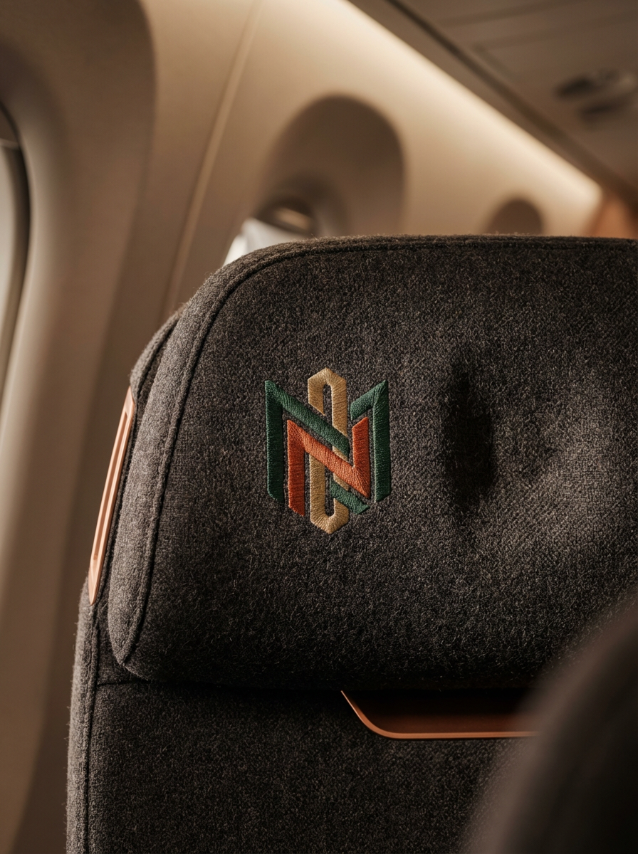 Close-up of a black airplane seat with a colorful embroidered geometric logo and copper-colored trim.