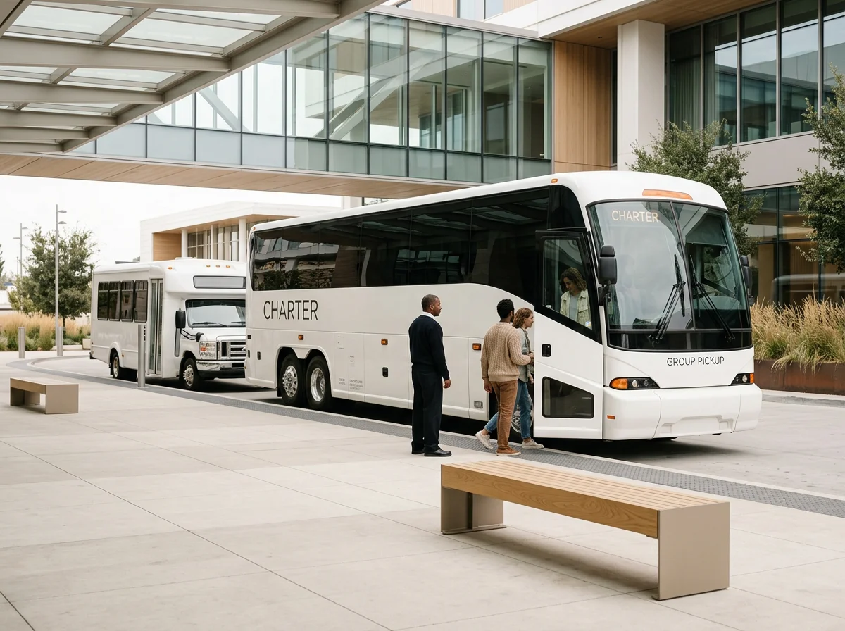 Charter group-pickup buses outside a modern glass-and-wood building, with passengers boarding the front coach.