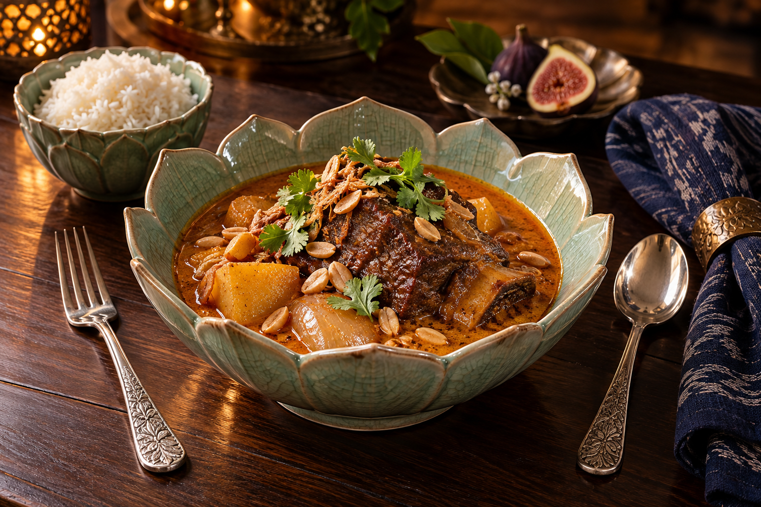 Menu concept: Thai massaman short rib in a celadon lotus bowl with jasmine rice, engraved silver spoon and fork, and indigo woven linen.