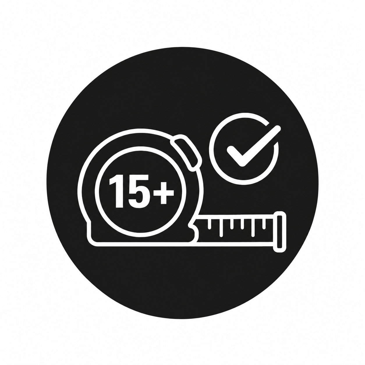 Black icon showing a measuring tape labeled “15+” and a checkmark