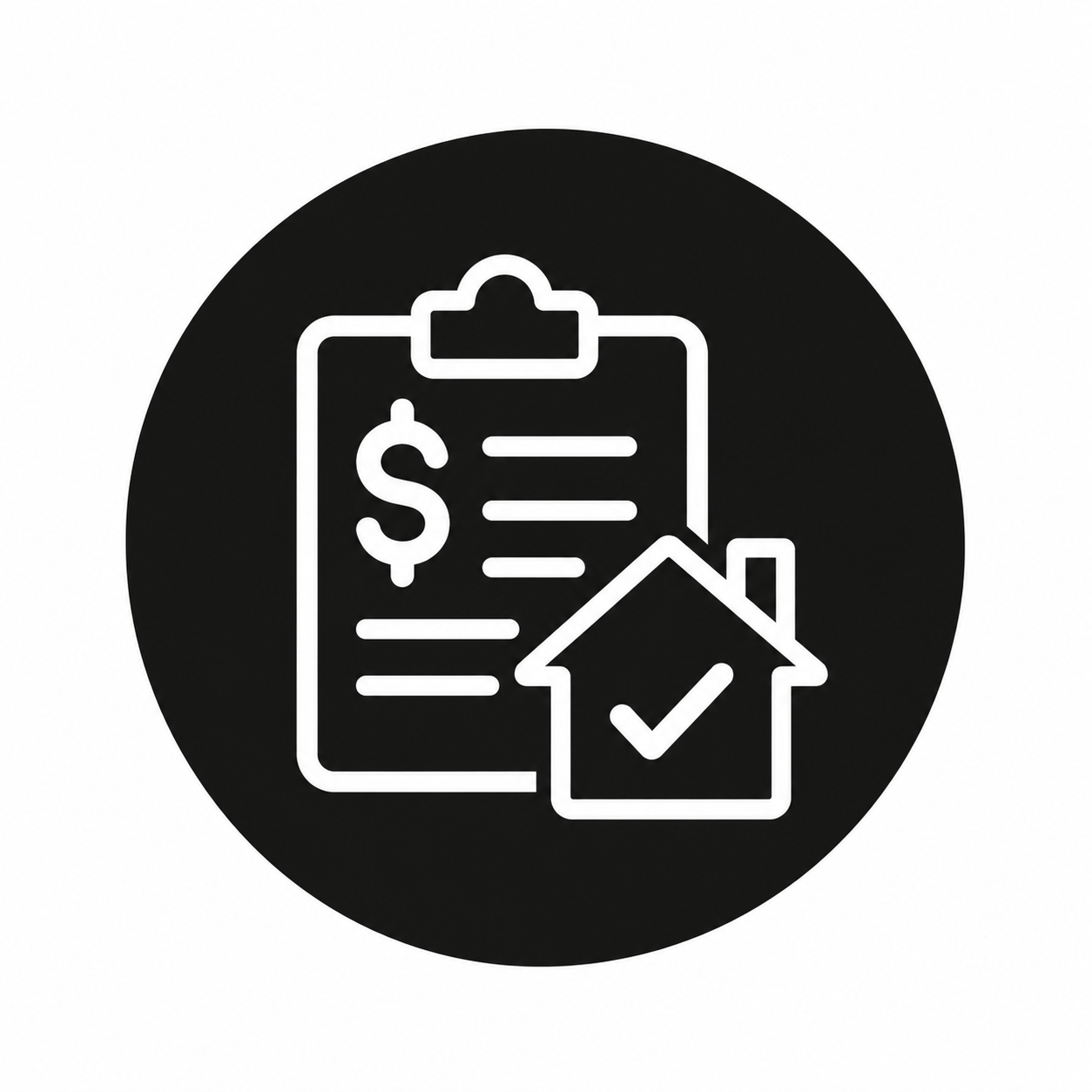 White line icon of a dollar-marked financial document and house with a checkmark, symbolizing approved home financing.