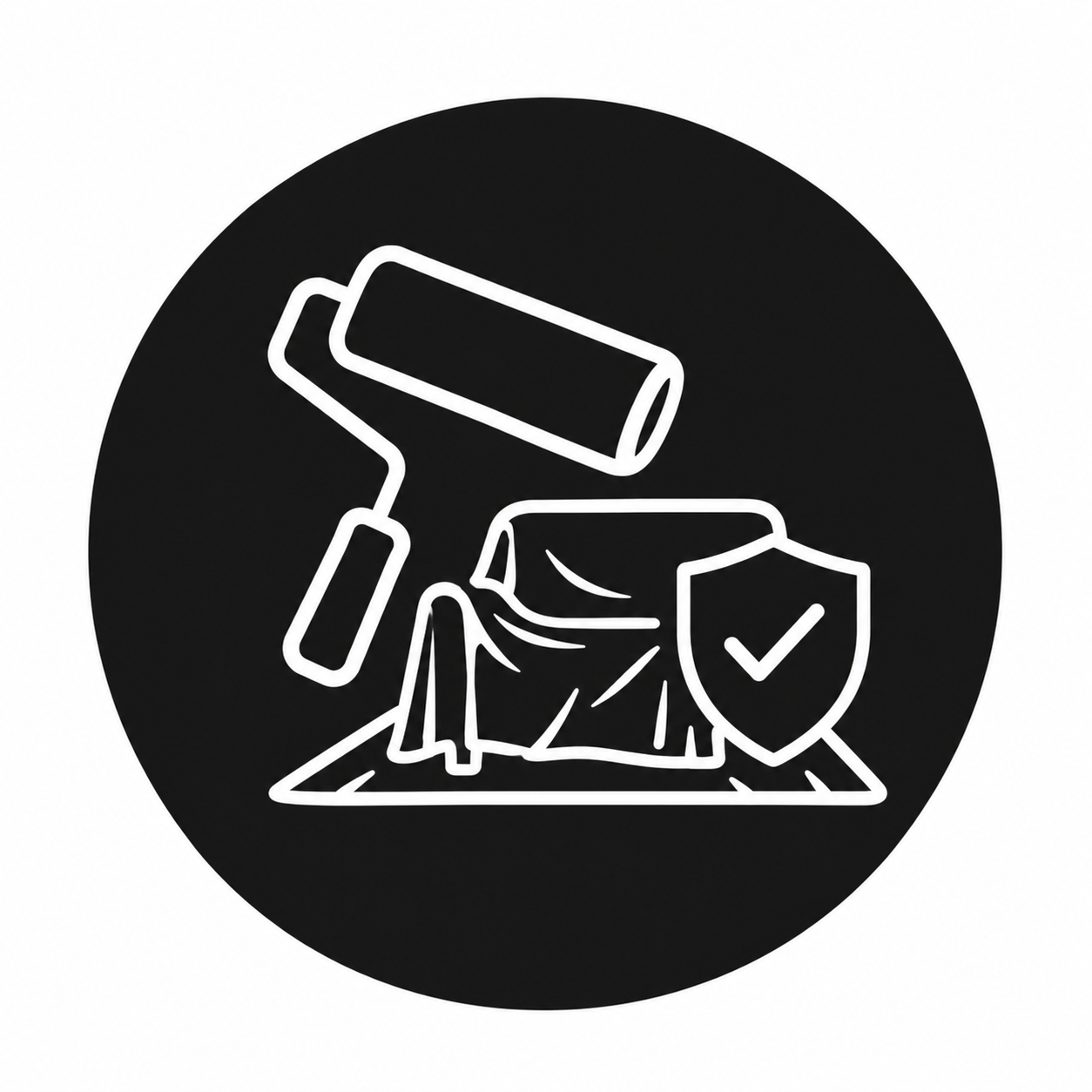 Paint roller applying a protective coating to a wall beside a shield with a checkmark