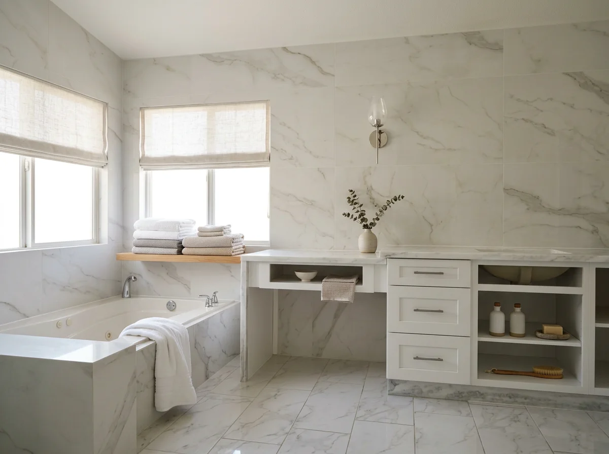Bright marble bathroom with freestanding bathtub, double windows, folded towels, wall sconce, and white vanity with open shelving