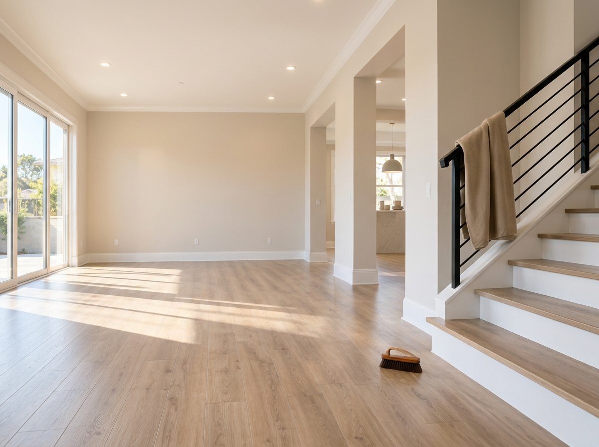 Bright modern home interior with light wood floors, staircase with black railing, beige towel, and broom
