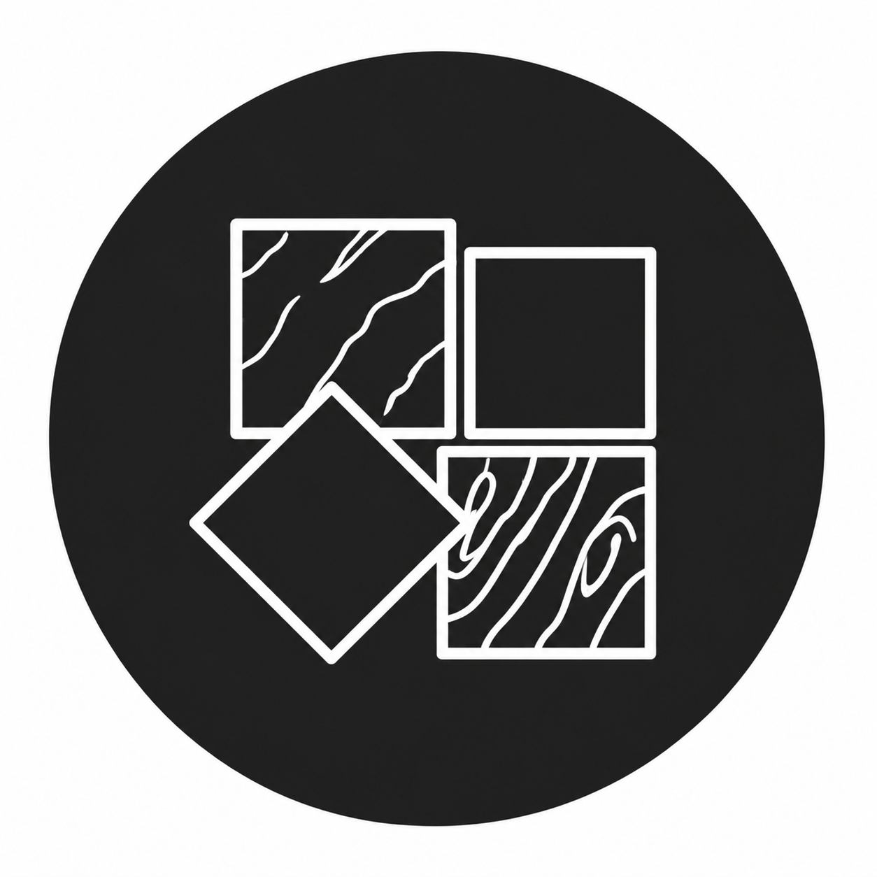 Abstract black-and-white icon of four overlapping geometric squares, two filled with wavy line patterns.