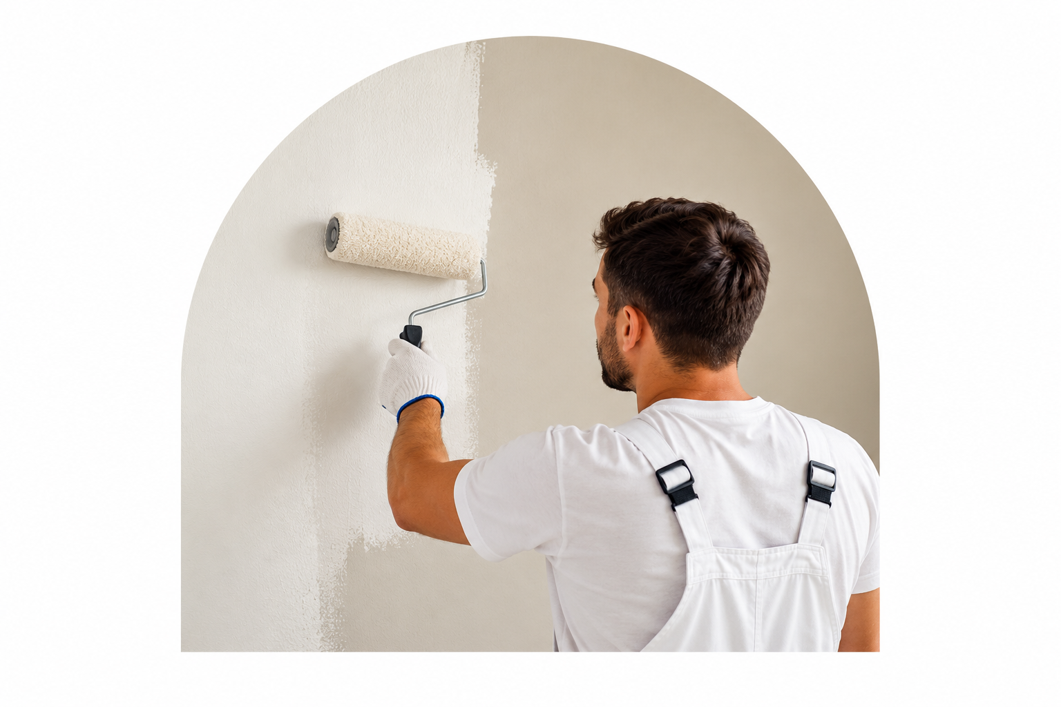 Painter in white overalls using a roller to paint an interior wall
