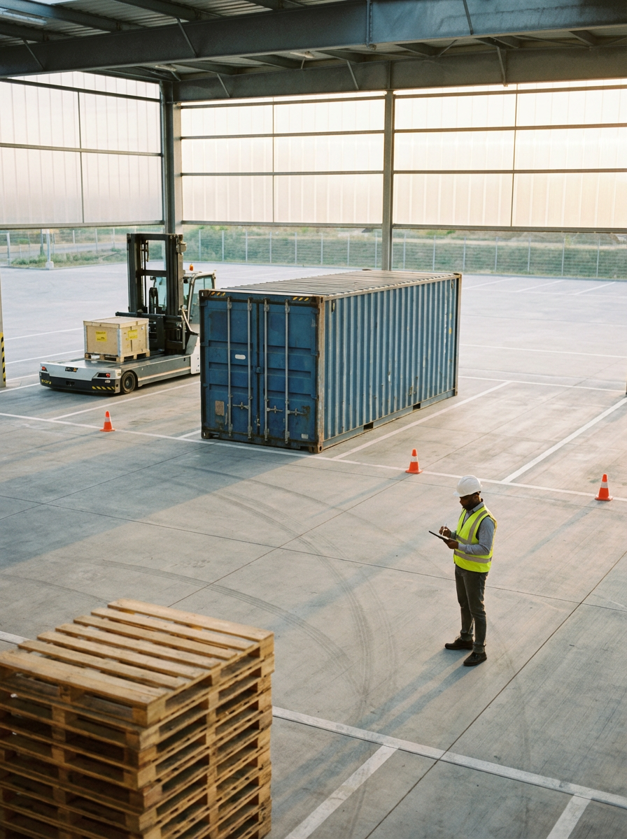 Worker in a high-visibility vest inspecting a shipping container with a forklift, pallets, and safety cones inside a warehouse.