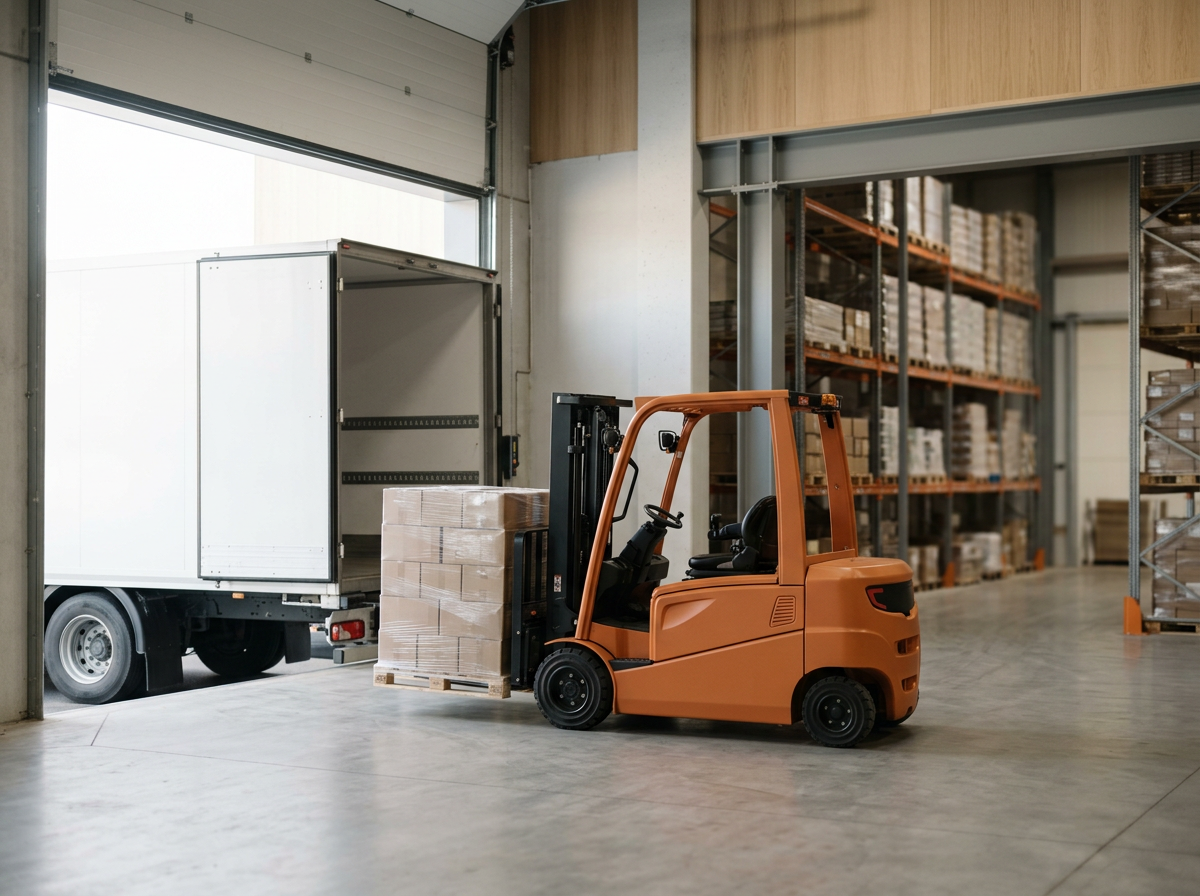 Orange forklift moving a pallet of boxed goods inside a warehouse beside an open delivery truck