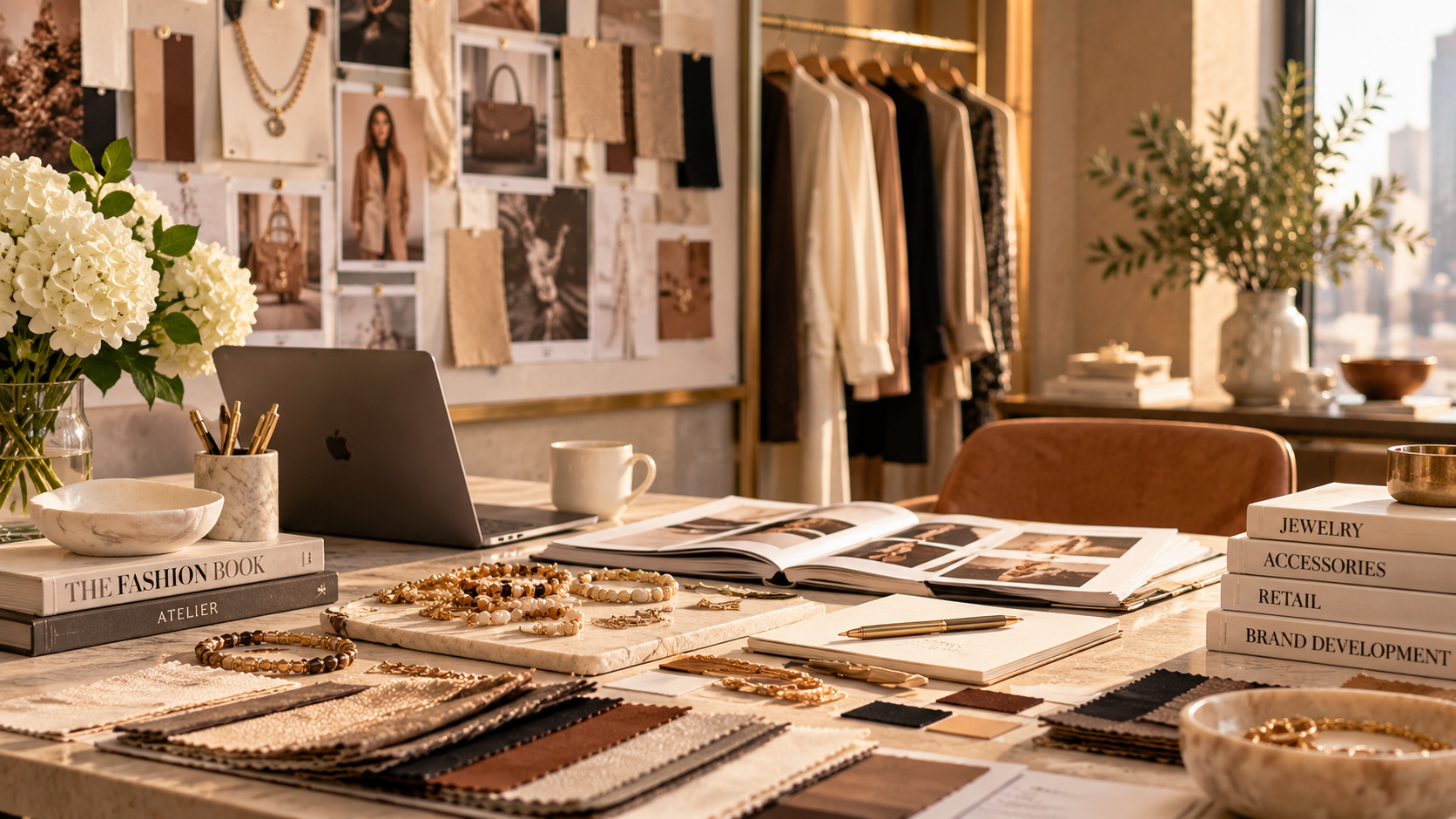 Fashion designer’s workspace with laptop, jewelry, fabric swatches, open fashion magazine, mood board, clothing rack, and floral arrangement