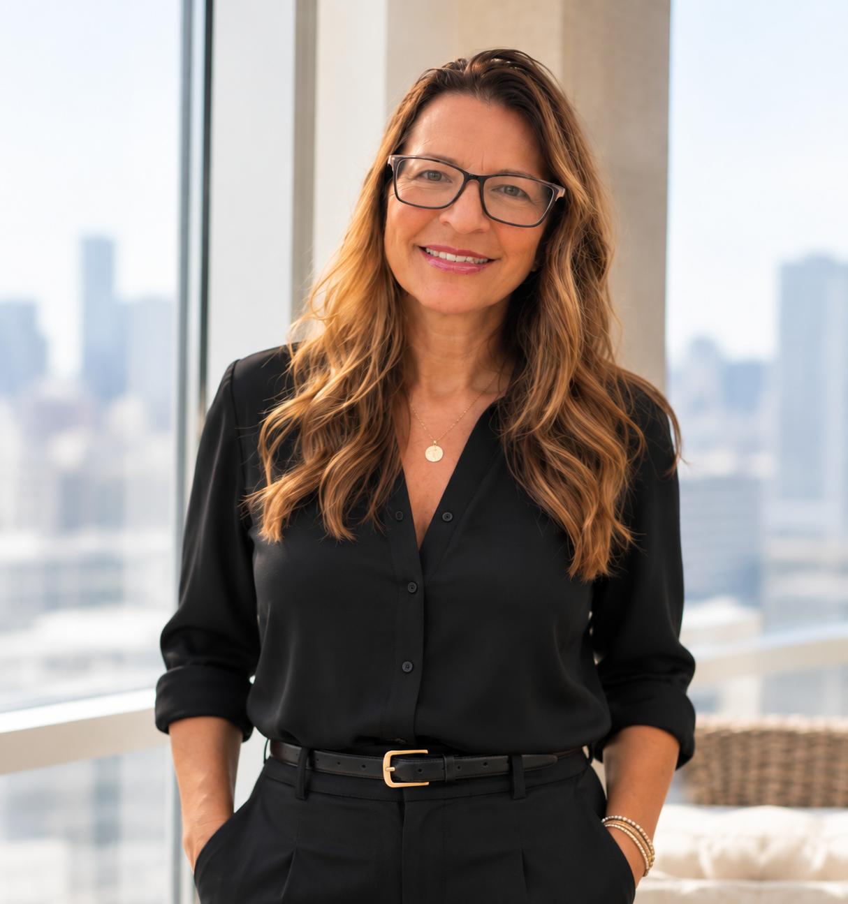 Professional woman wearing glasses and a black outfit, smiling in a high-rise office with a city view