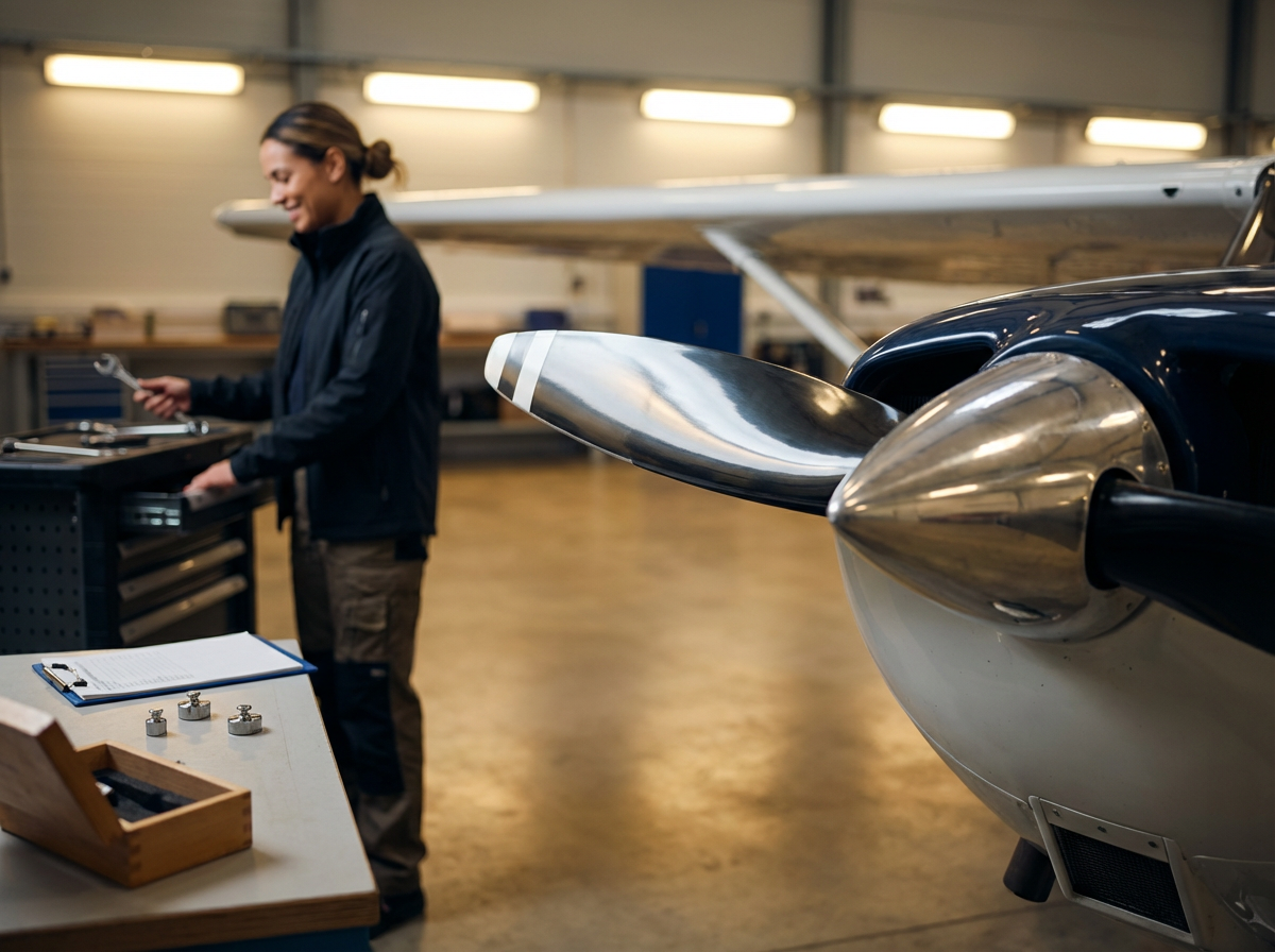 Aircraft mechanic inspecting a polished propeller on a small airplane inside a hangar