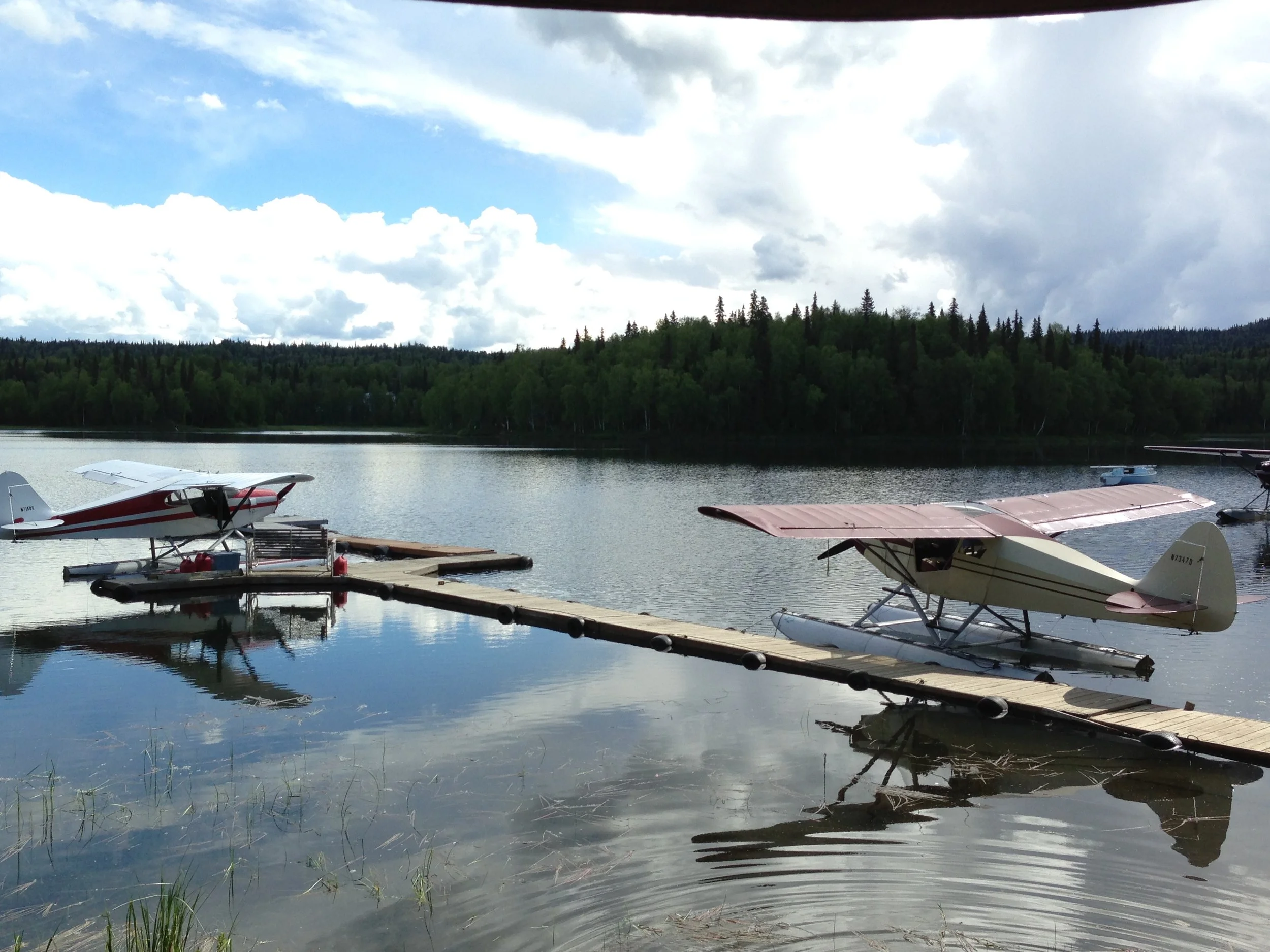 Seaplanes docked on floats at a forested lake under a partly cloudy sky