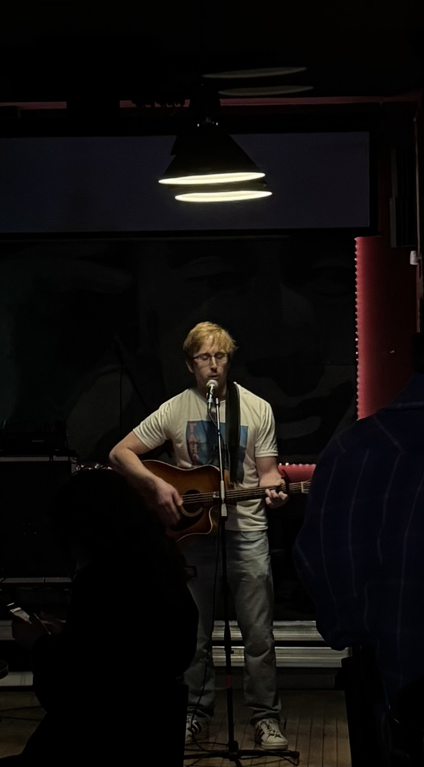 Musician singing into a microphone while playing an acoustic guitar on a dimly lit stage.