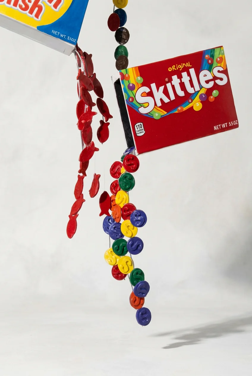 Colorful Skittles candy spilling from open boxes into suspended strands against a white background